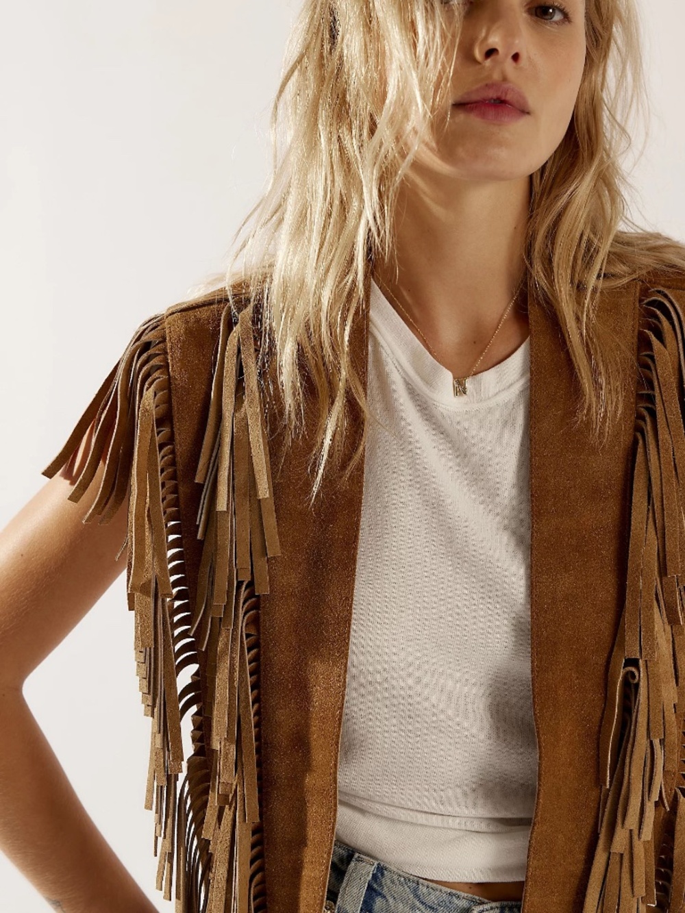 Understated Leather Wide Eyes Suede Fringe Collar - Tan - Picture 4 of 7